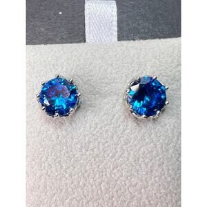 NEW Blue CZ rhodium over sterling silver solitaire stud earrings